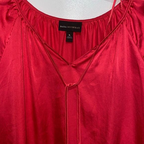 Dana Buchman Women's Red Satin Tassel Tie Neck Raglan Long Sleeve Blouse Size XL - Picture 2 of 8